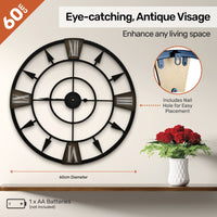 Home Master Wall Clock Antique Style Roman Numerals Metal Accents 60cm