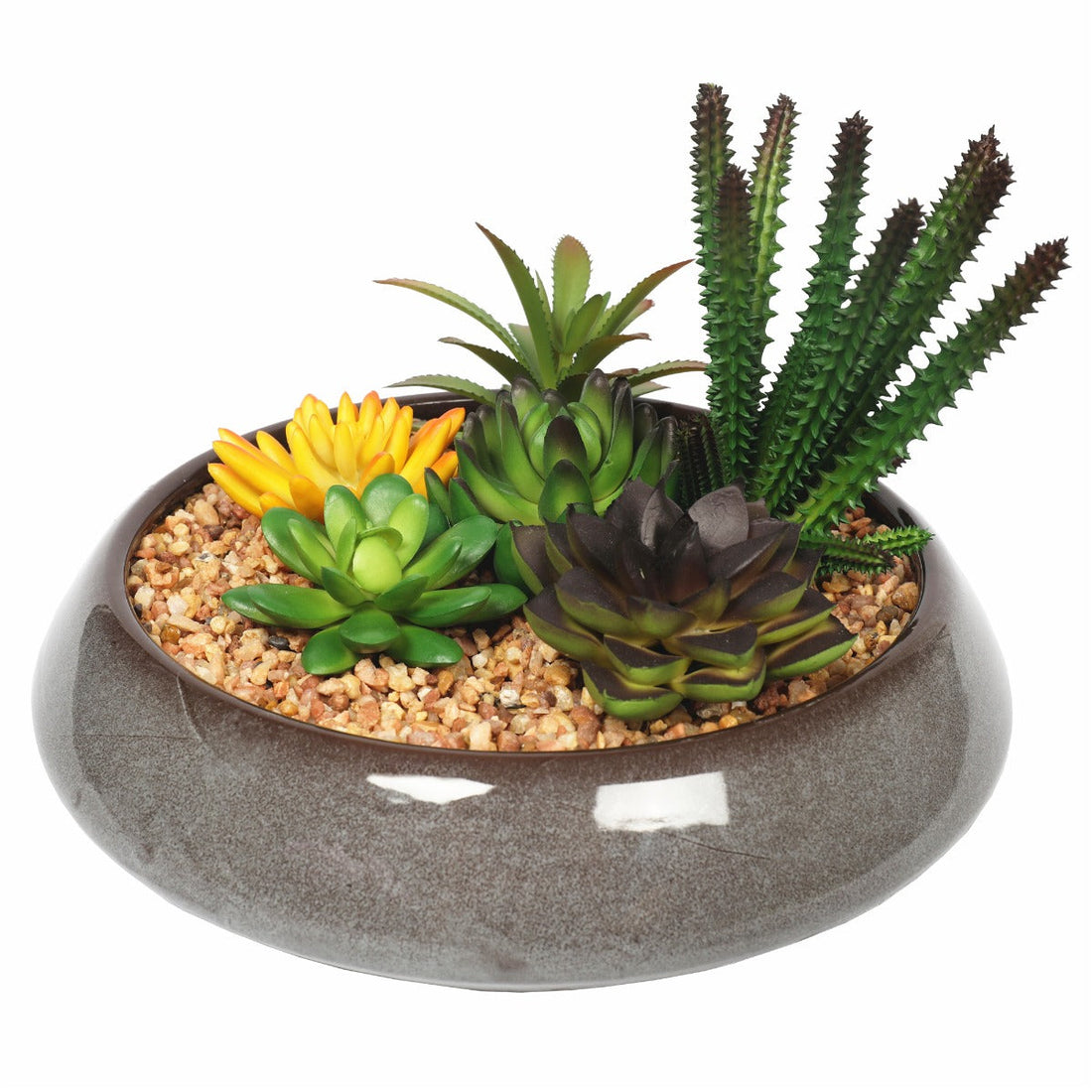 Potted Artificial Succulents with Round Decorative Bowl 19cm