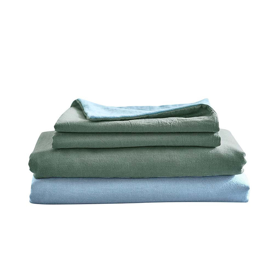 Washed Cotton Sheet Set Green Blue Double