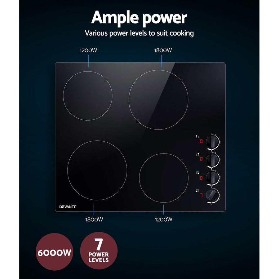 Ceramic Cooktop 60cm Electric Kitchen Burner Cooker 4 Zone Knobs Control