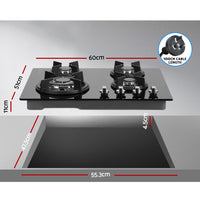 Gas Cooktop 60cm 4 Burner Ceramic Glass Cook Top Stove Hob Cooker LPG NG Black