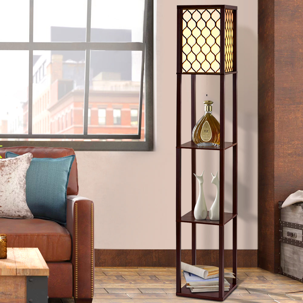 Floor Lamp LED Storage Shelf Standing Vintage Wood Light Reading Bedroom