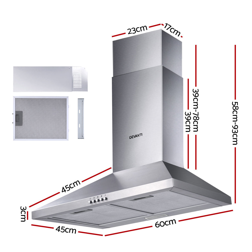 Range Hood 60cm 600mm Kitchen Canopy Stainless Steel Rangehood Wall Mount