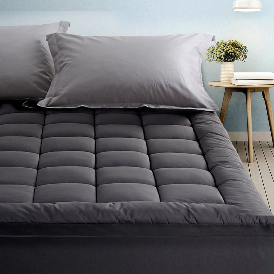 Single Mattress Topper Pillowtop 1000GSM Charcoal Microfibre Bamboo Fibre Filling