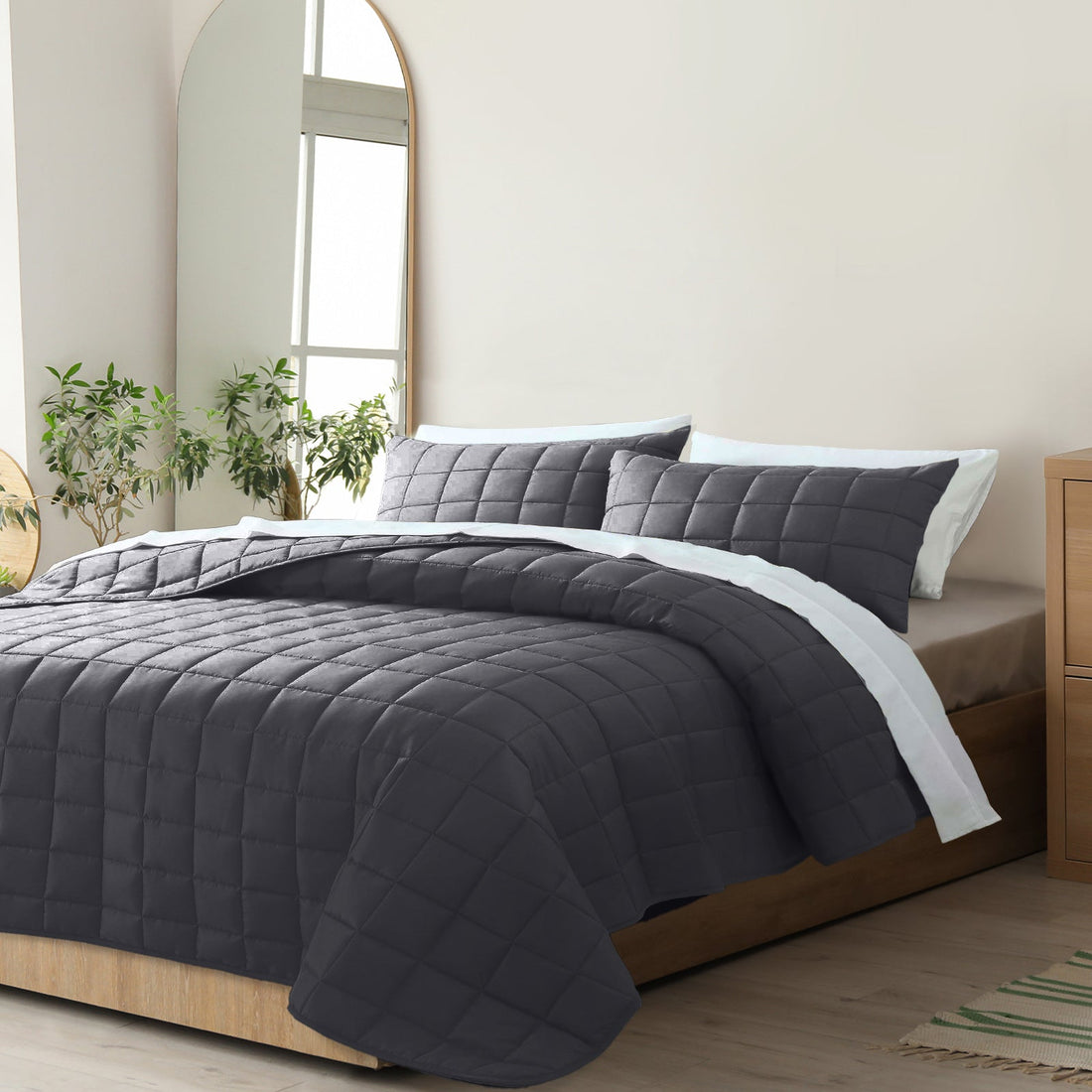 Coverlet Set Bedspread Soft Touch Easy Care Breathable 3 Piece Set - Queen - Charcoal