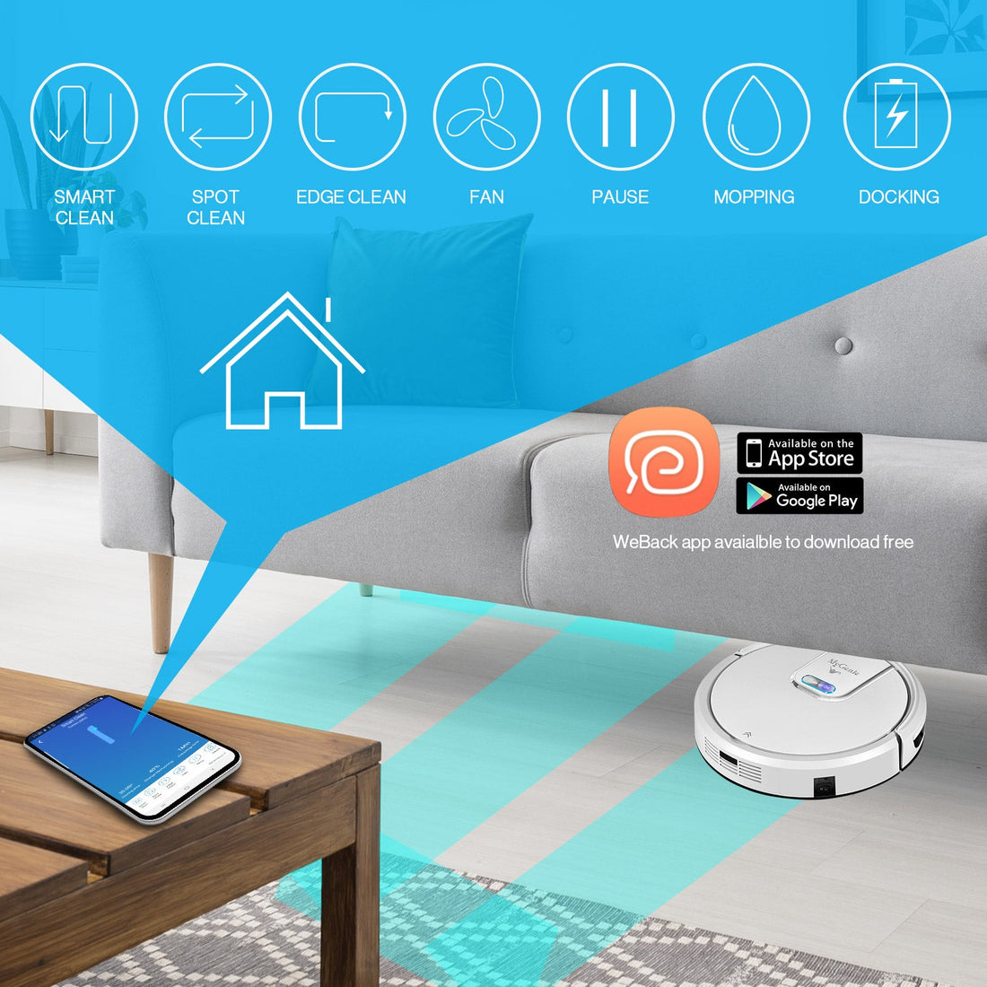 WI-FI GMAX Robotic Vacuum Cleaner Mop App Control Dry & Wet Auto Robot - White