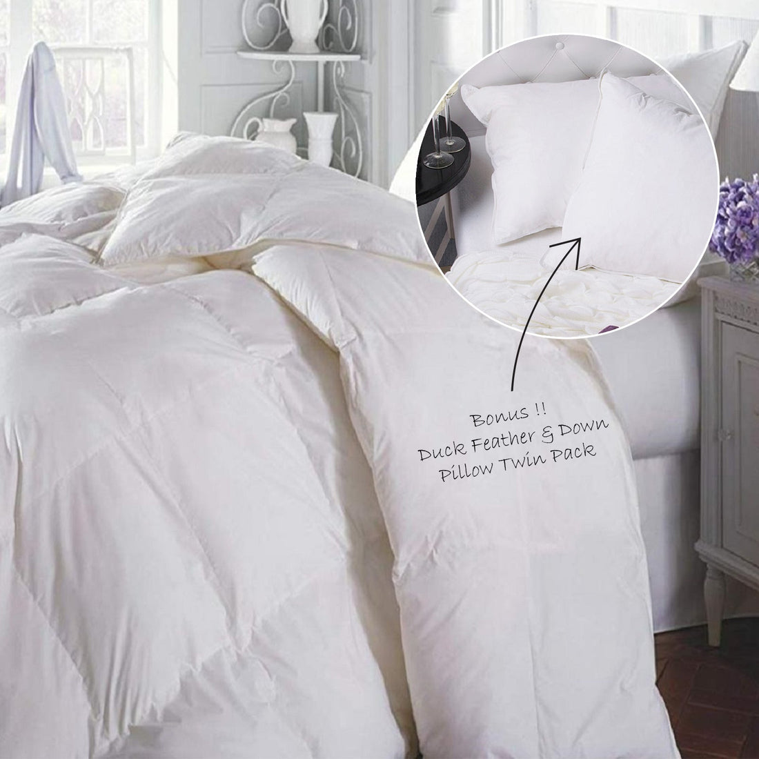 Duck Feather & Down Quilt 500GSM Set And 2 Pack Pillows - White Double