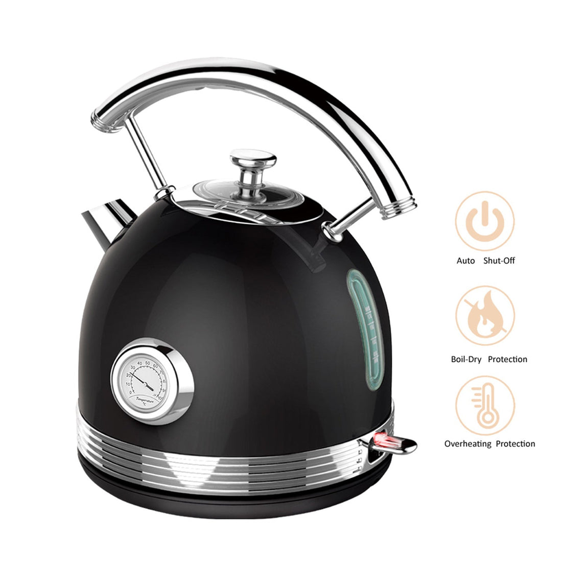 1.7 Black Electric Kettle Boiler Stainless Steel Retro